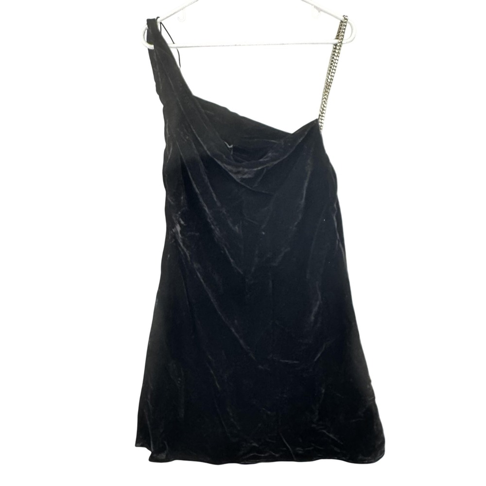 Zara Dress Womens Medium Black Velvet One Shoulder‎ Chain Strap Mini Party NWT
